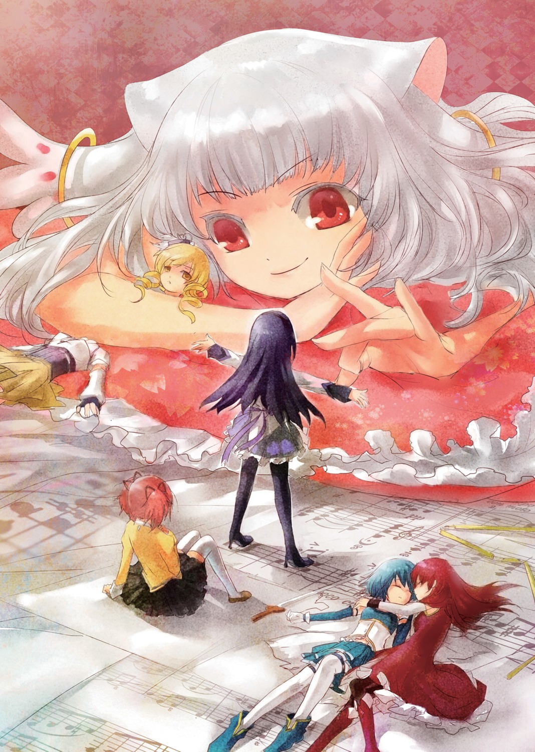 akemi_homura, anthropomorphization, kaname_madoka, kyubey, mahou_shoujo_madoka_magica, masara_(acgarts), miki_sayaka, pantyhose, sakura_kyouko, sword, thighhighs, tomoe_mami