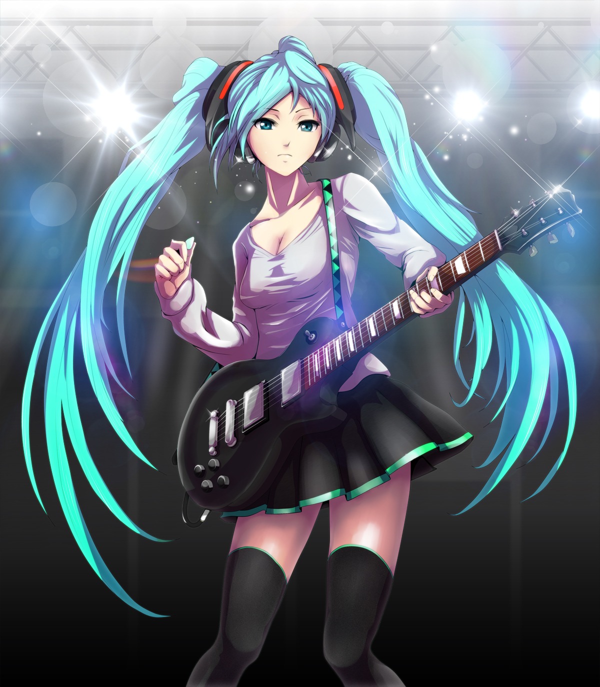 guitar, hatsune_miku, headphones, naho, thighhighs, vocaloid