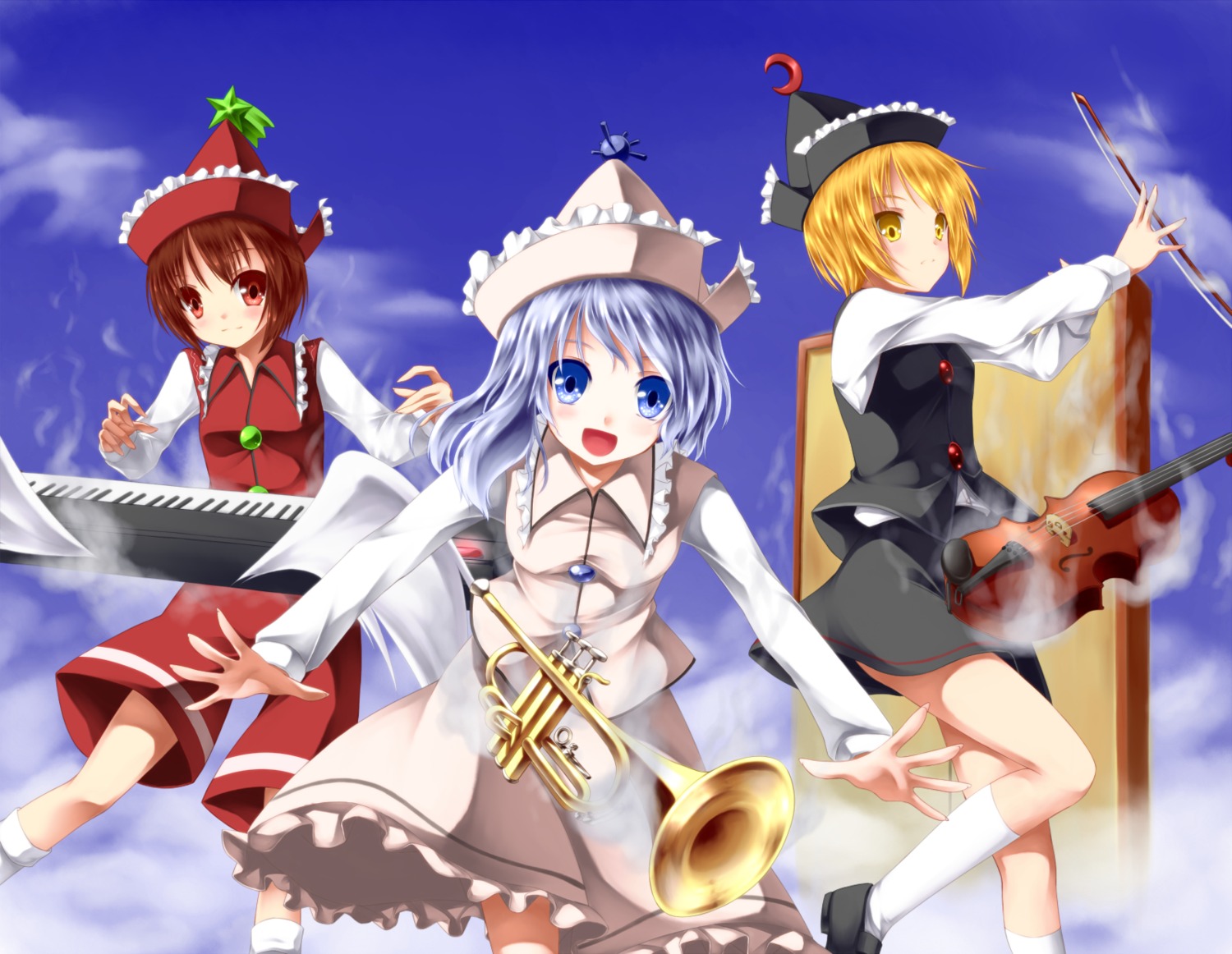 dress, lunasa_prismriver, lyrica_prismriver, merlin_prismriver, sakura_yuuya, touhou