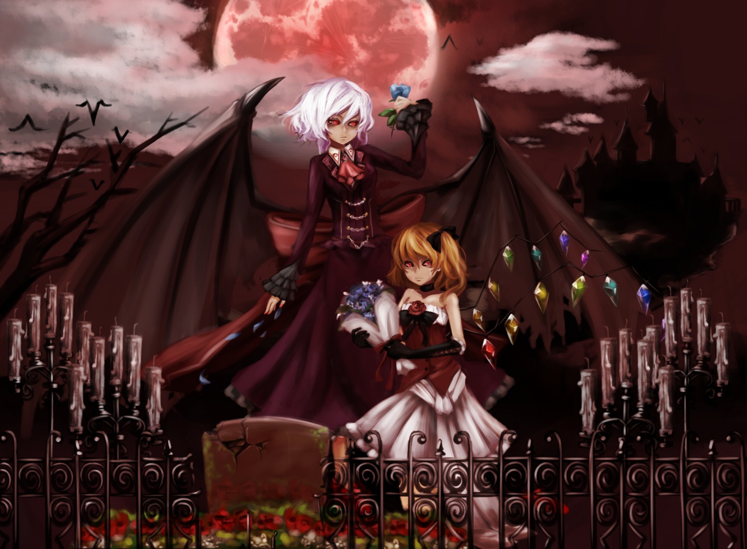 dress, emerane, flandre_scarlet, merutoreimu, remilia_scarlet, touhou, wings