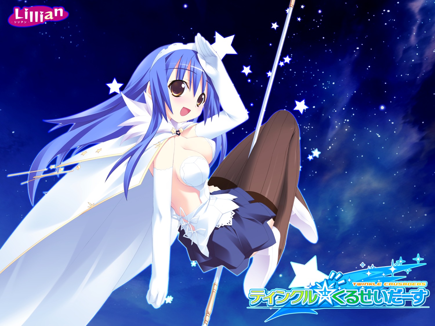 cleavage, kannagi_rei, kujou_ria, lillian, thighhighs, twinkle_crusaders, wallpaper