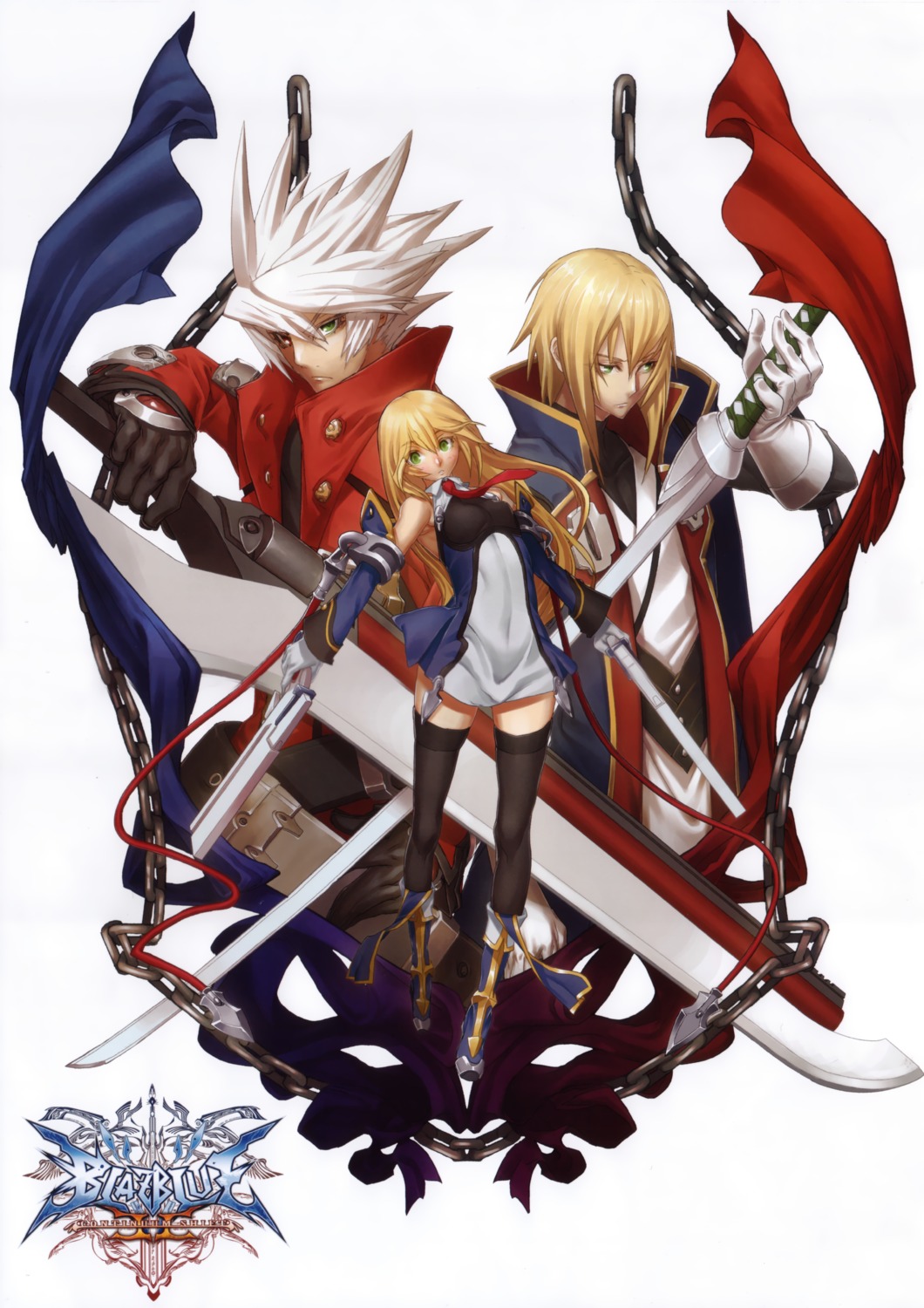 blazblue, fixed, kisaragi_jin, noel_vermillion, ragna_the_bloodedge, sword, thighhighs