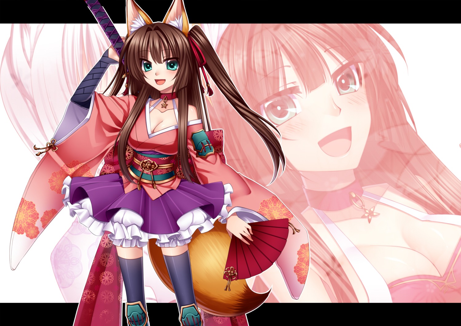 animal_ears, cleavage, konshin, tail, thighhighs