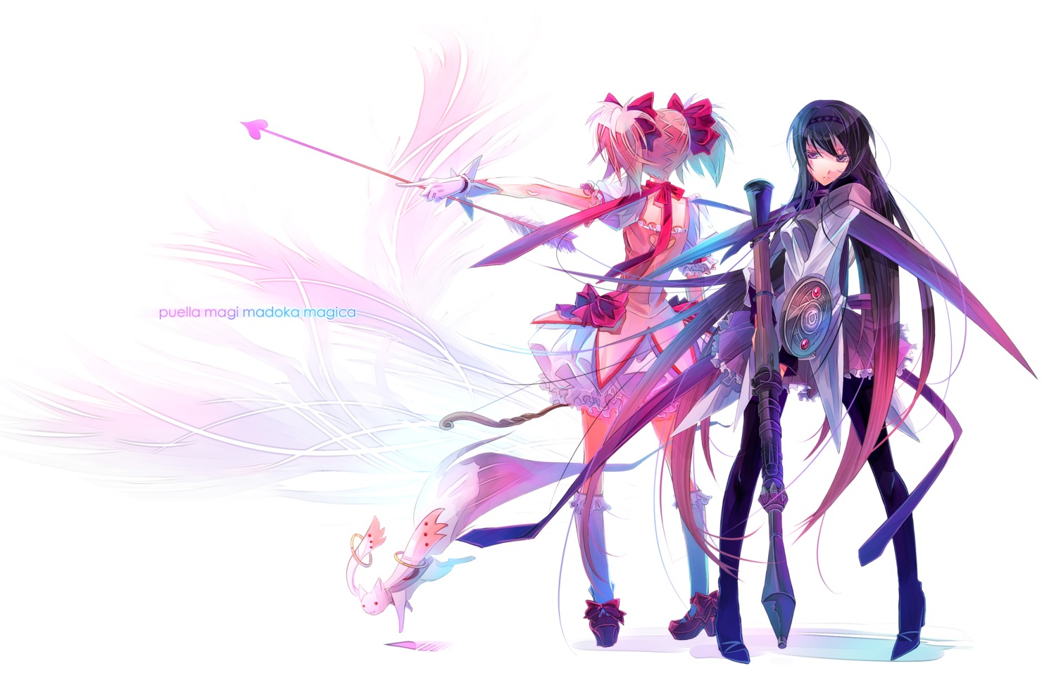 akemi_homura, kaname_madoka, kariya, kyubey, mahou_shoujo_madoka_magica, thighhighs