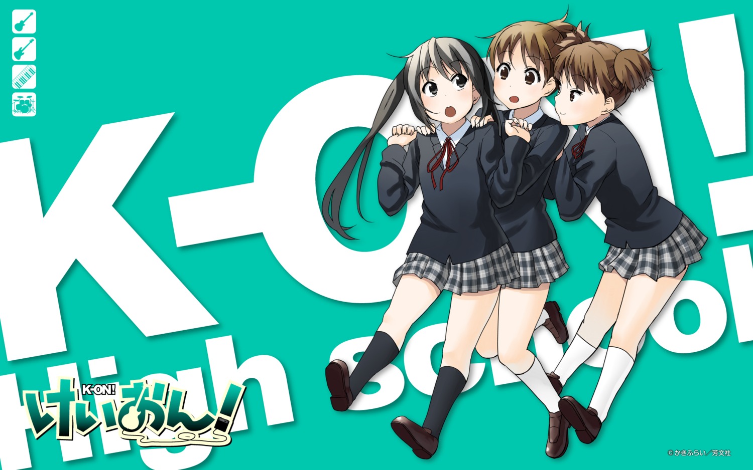 hirasawa_ui, k-on!, kakifly, nakano_azusa, seifuku, suzuki_jun, wallpaper