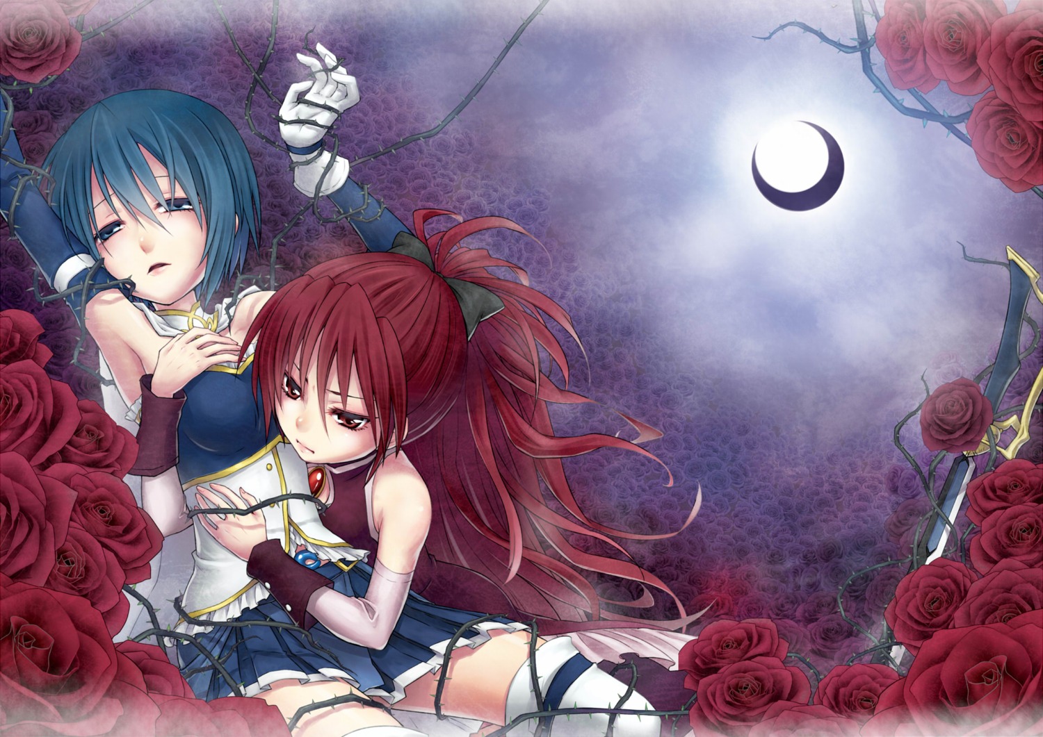 bondage, mahou_shoujo_madoka_magica, miki_sayaka, sakura_kyouko, thighhighs, yuri, yuu_(derodero)
