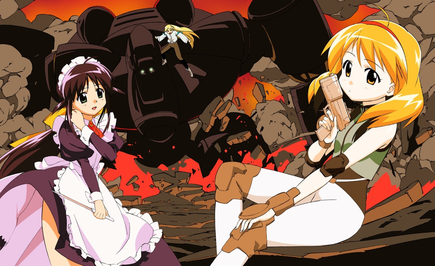 andou_mahoro, andou_minawa, bodysuit, gun, kubota_chikashi, mahoromatic, maid, mecha