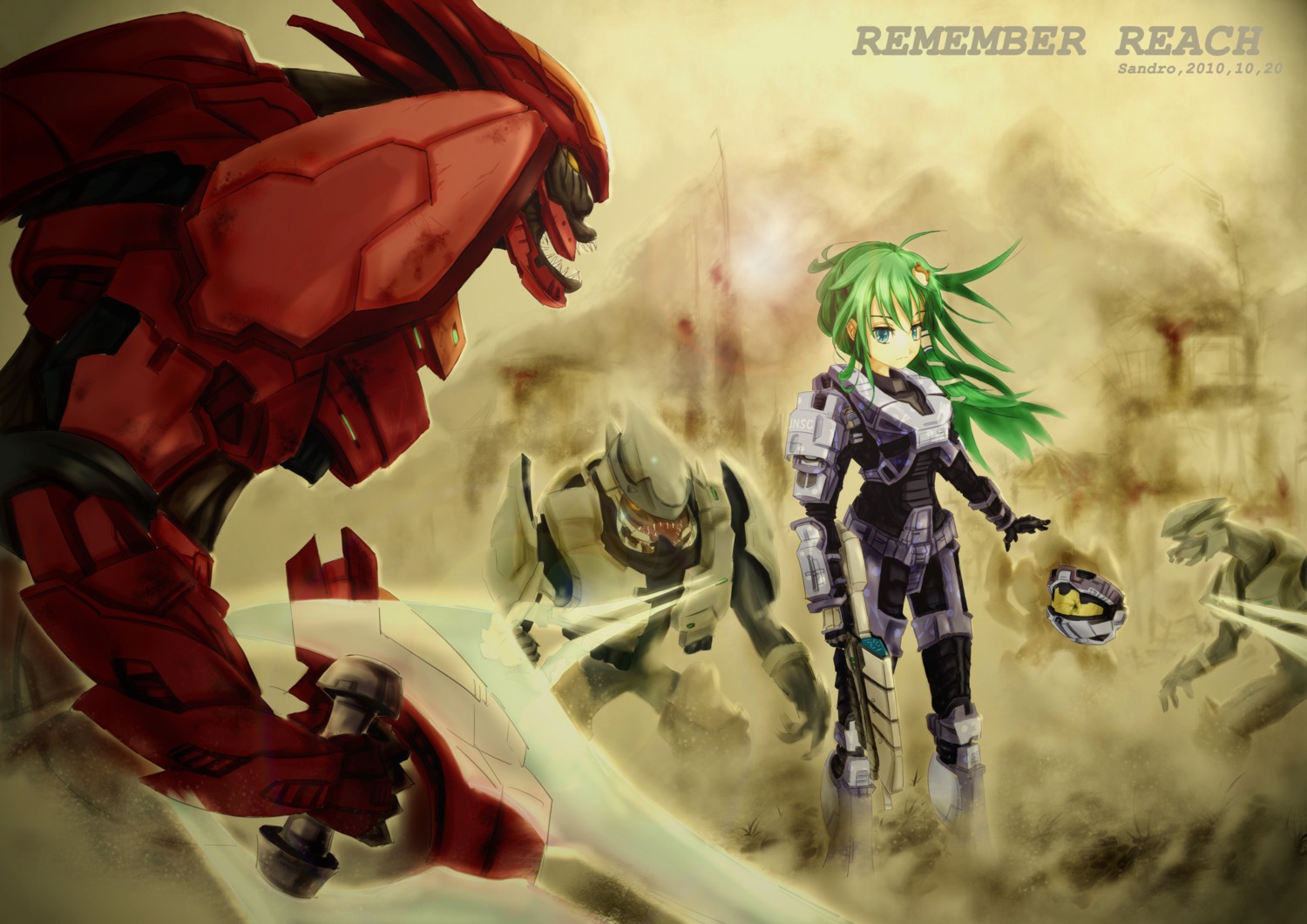 armor, crossover, gun, halo_(game), kochiya_sanae, sandro, spartan_(halo), touhou
