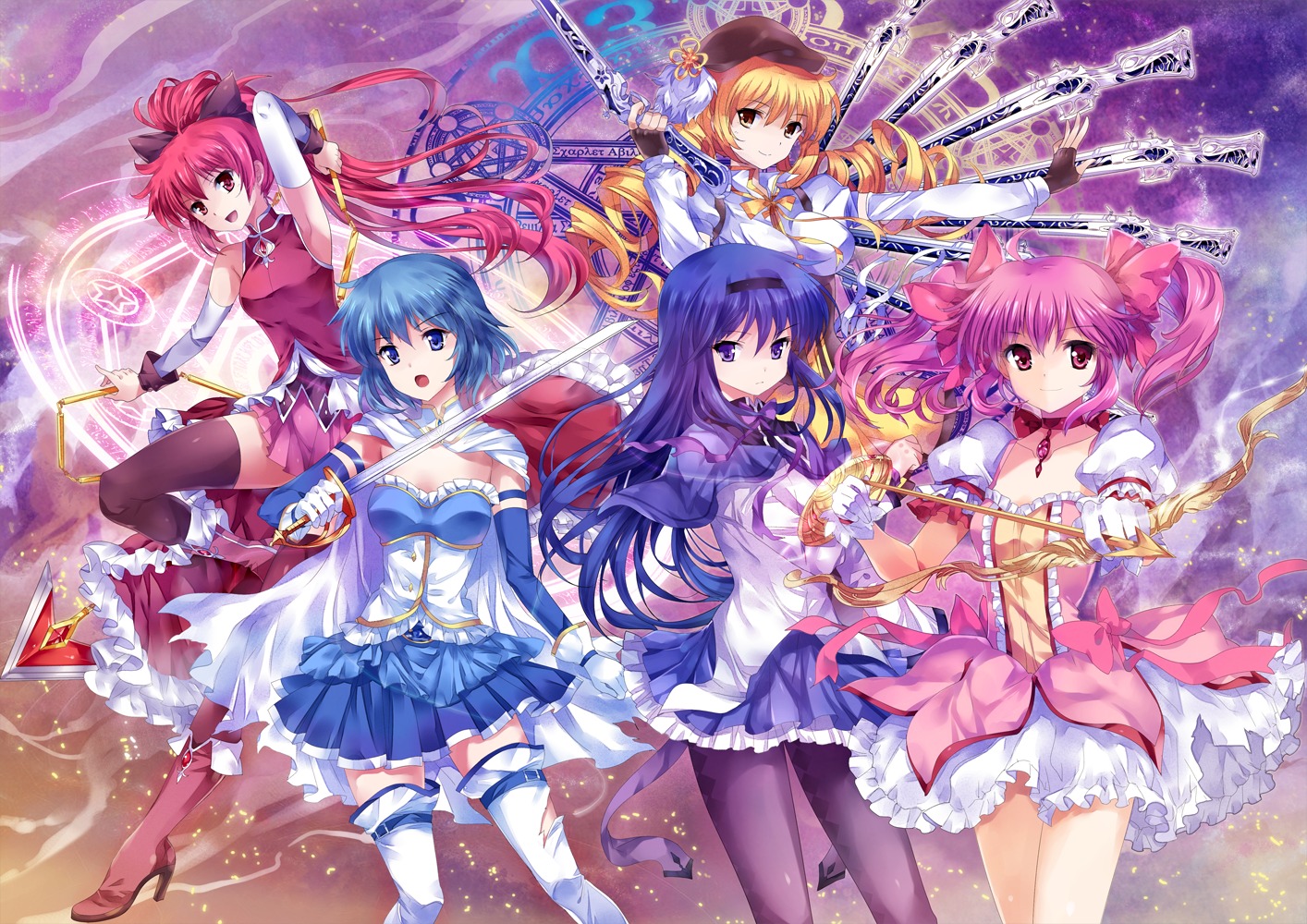 akemi_homura, kaname_madoka, mahou_shoujo_madoka_magica, miki_sayaka, pantyhose, pico_(artist), sakura_kyouko, sword