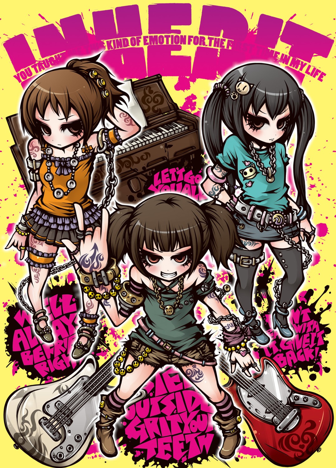 guitar, hirasawa_ui, k-on!, nakano_azusa, project.c.k., suzuki_jun, tattoo, thighhighs