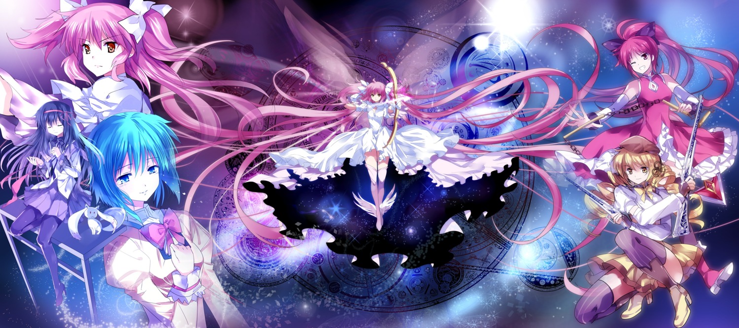 akemi_homura, dress, gun, kaname_madoka, kyubey, mahou_shoujo_madoka_magica, miki_sayaka, pantyhose