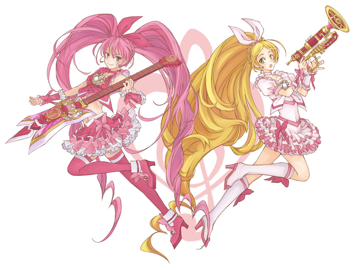 crossover, guitar, houjou_hibiki, kamen_rider, kamen_rider_hibiki, minamino_kanade, precure, suite_precure, thighhighs, to-masu