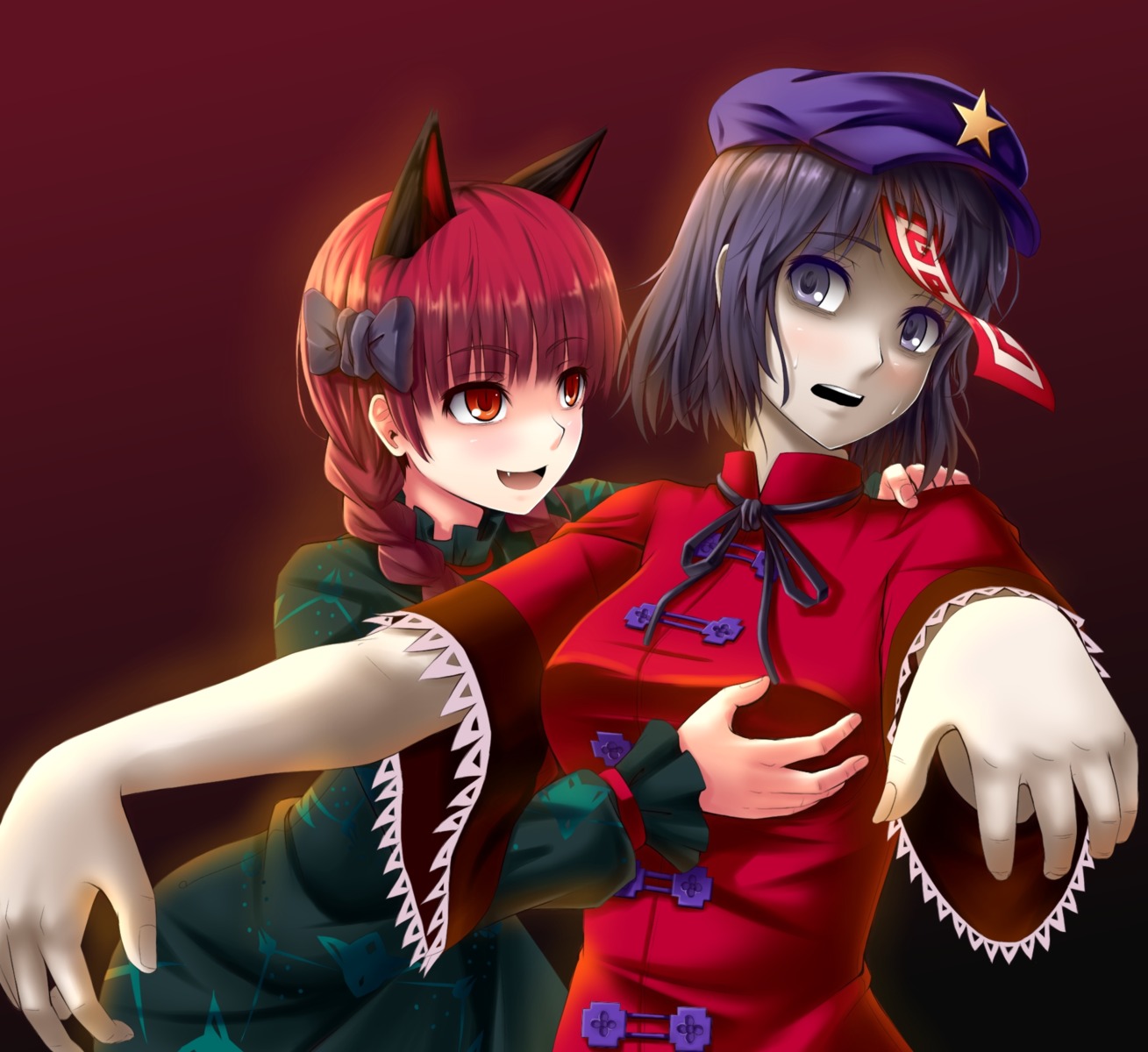 animal_ears, breast_grab, gayprince, kaenbyou_rin, miyako_yoshika, touhou