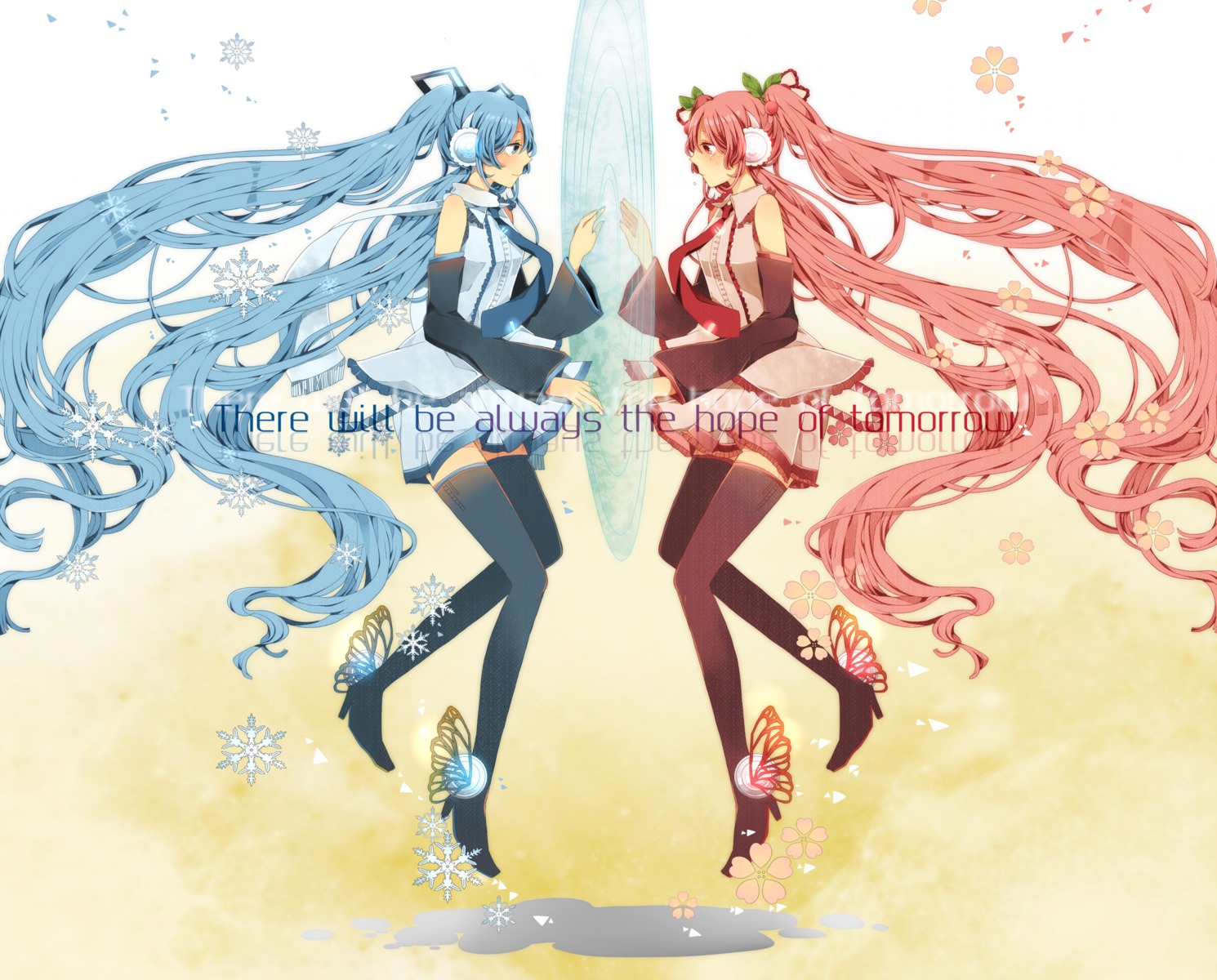 hatsune_miku, komine, sakura_miku, thighhighs, vocaloid, yuki_miku