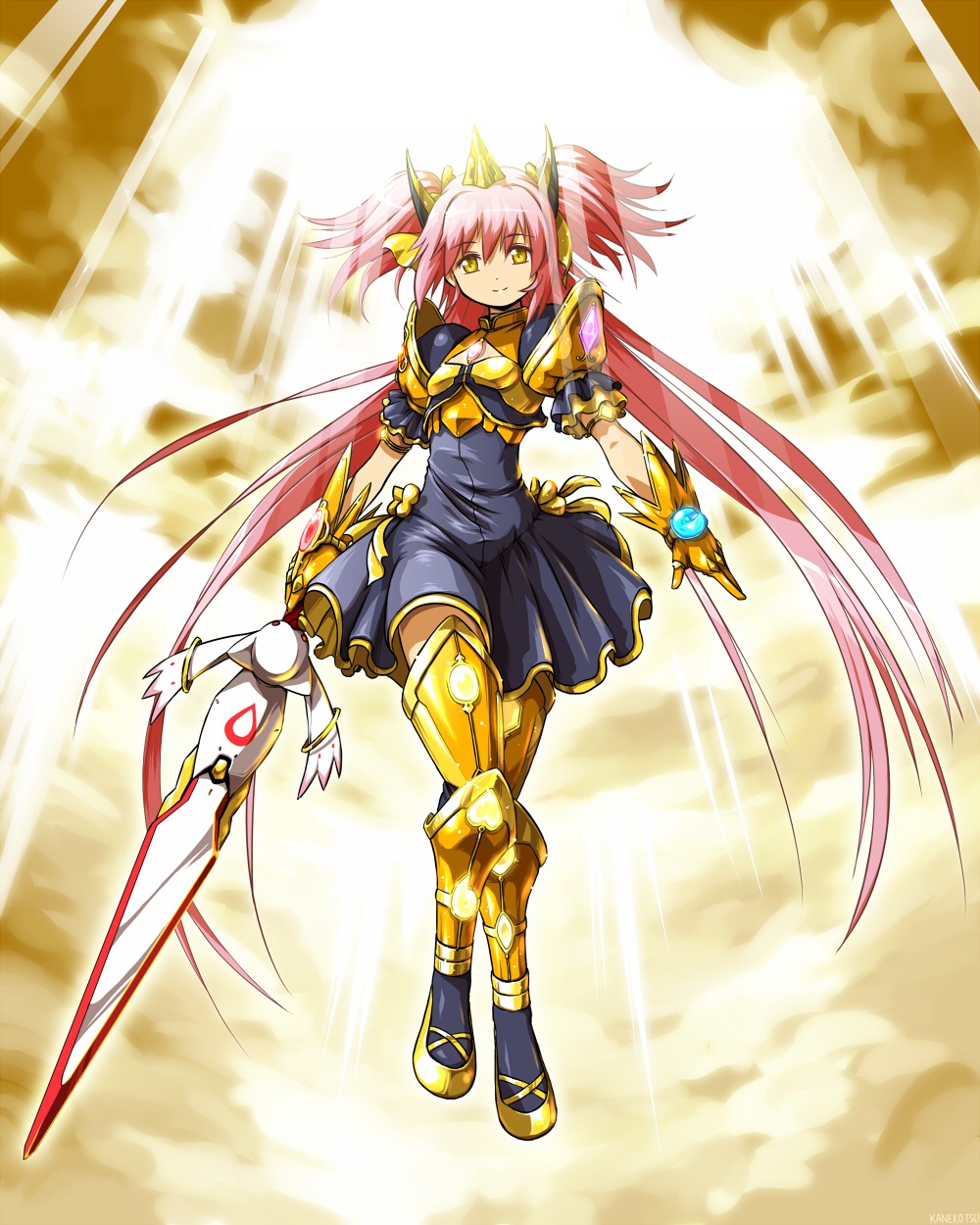 armor, cosplay, kamen_rider, kamen_rider_blade, kaname_madoka, kanekotsu, kyubey, mahou_shoujo_madoka_magica, sword, thighhighs, ultimate_madoka