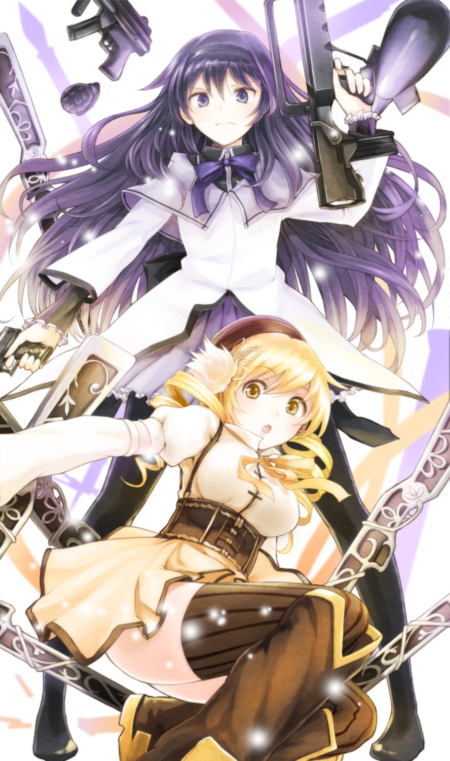 akemi_homura, gun, mahou_shoujo_madoka_magica, thighhighs, tomoe_mami, yakusa