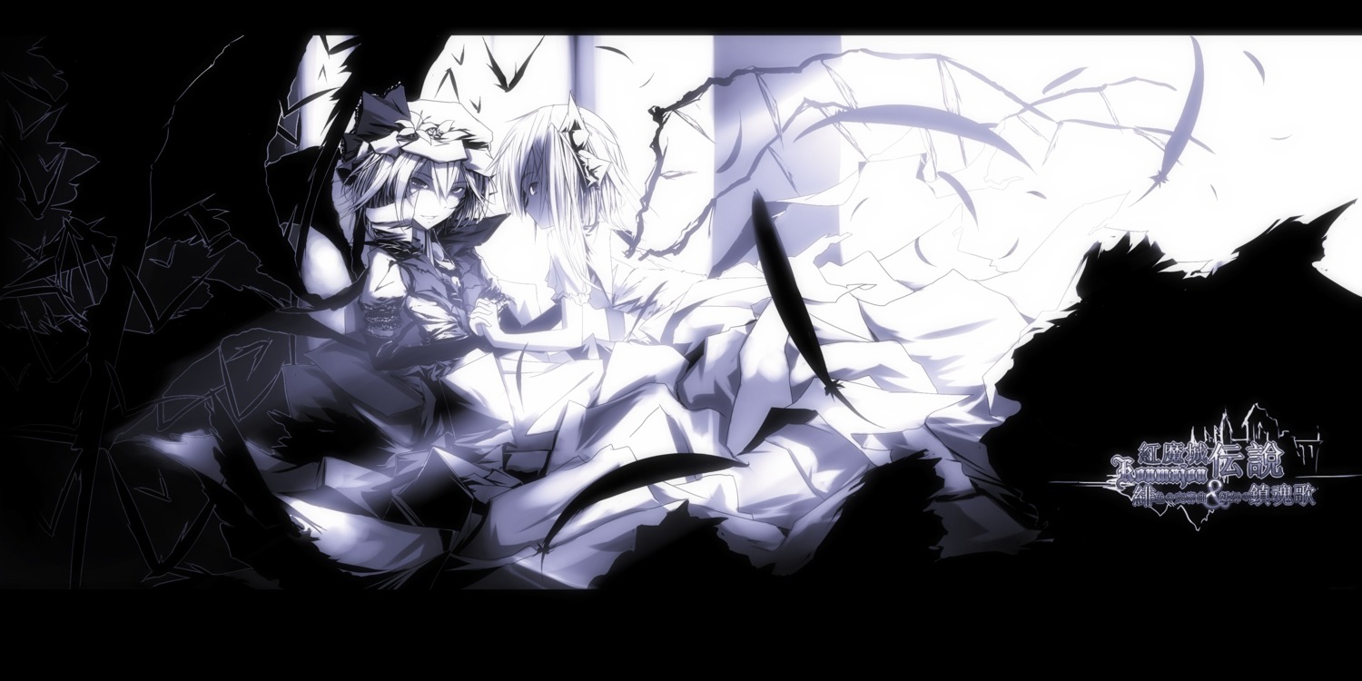 flandre_scarlet, monochrome, remilia_scarlet, tan_(artist), touhou, wings