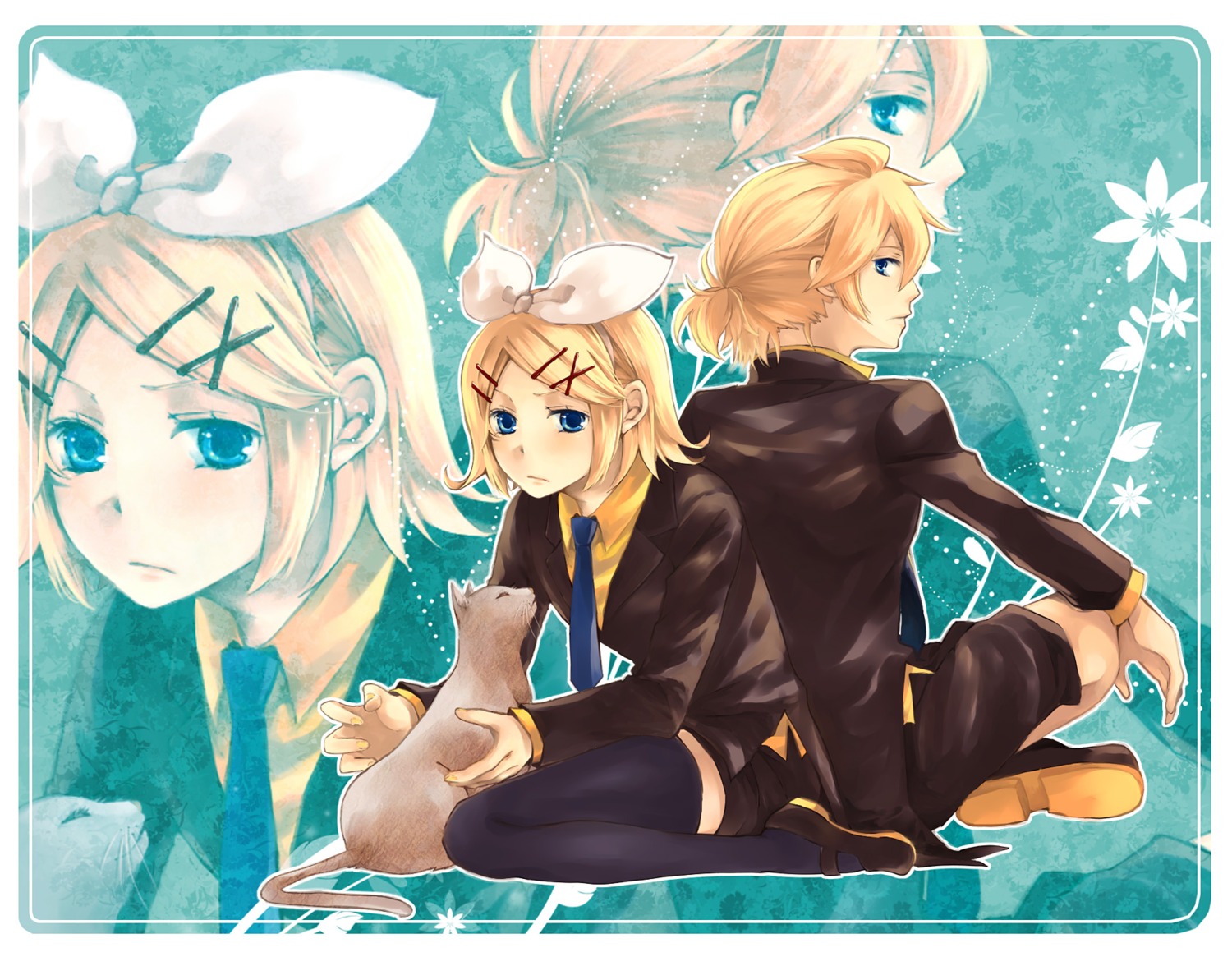 kagamine_len, kagamine_rin, naka_53, neko, thighhighs, vocaloid