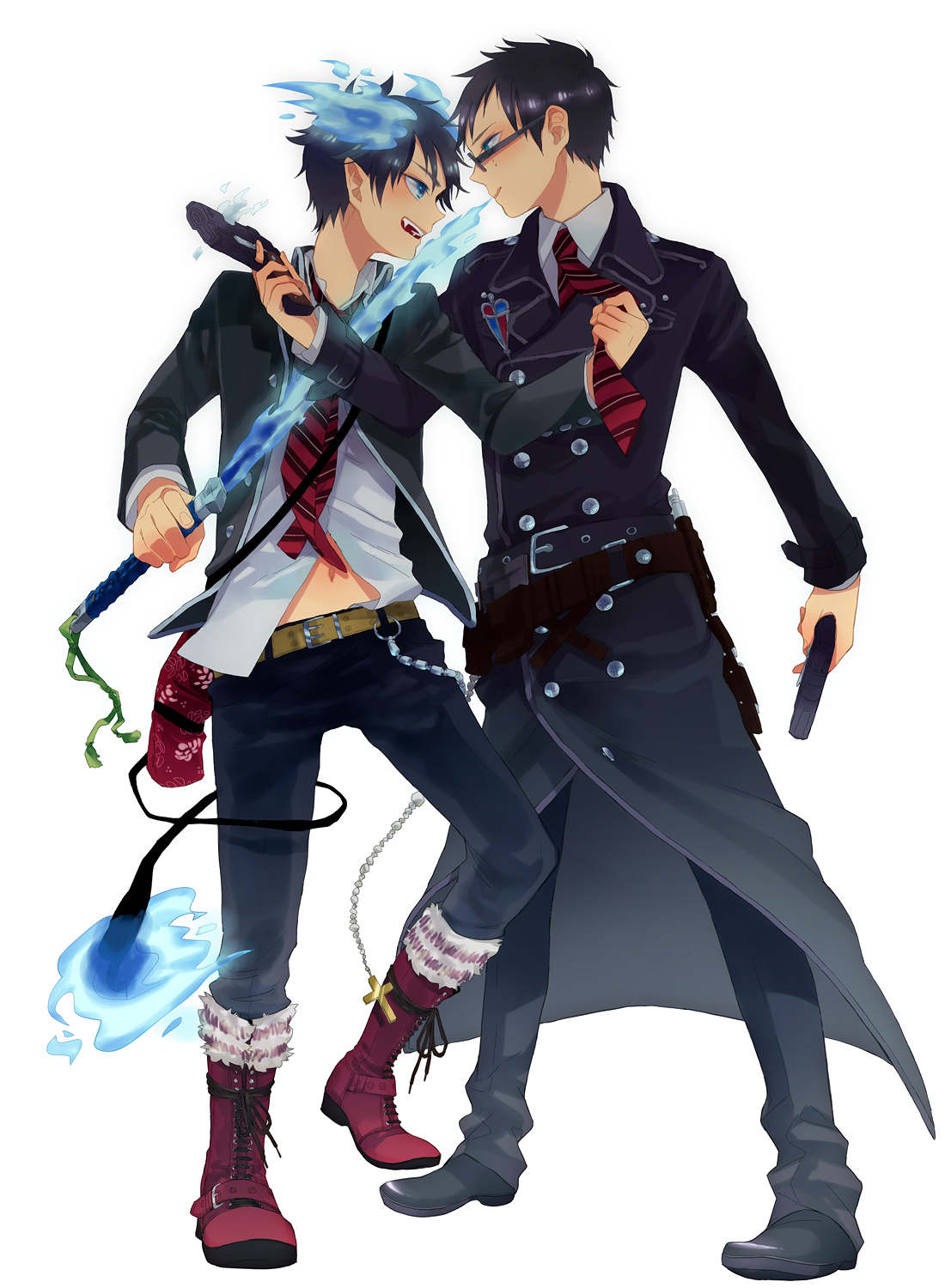 ao_no_exorcist, gun, male, megane, okumura_rin, okumura_yukio, sanagi_dodoria, seifuku, sword, tail