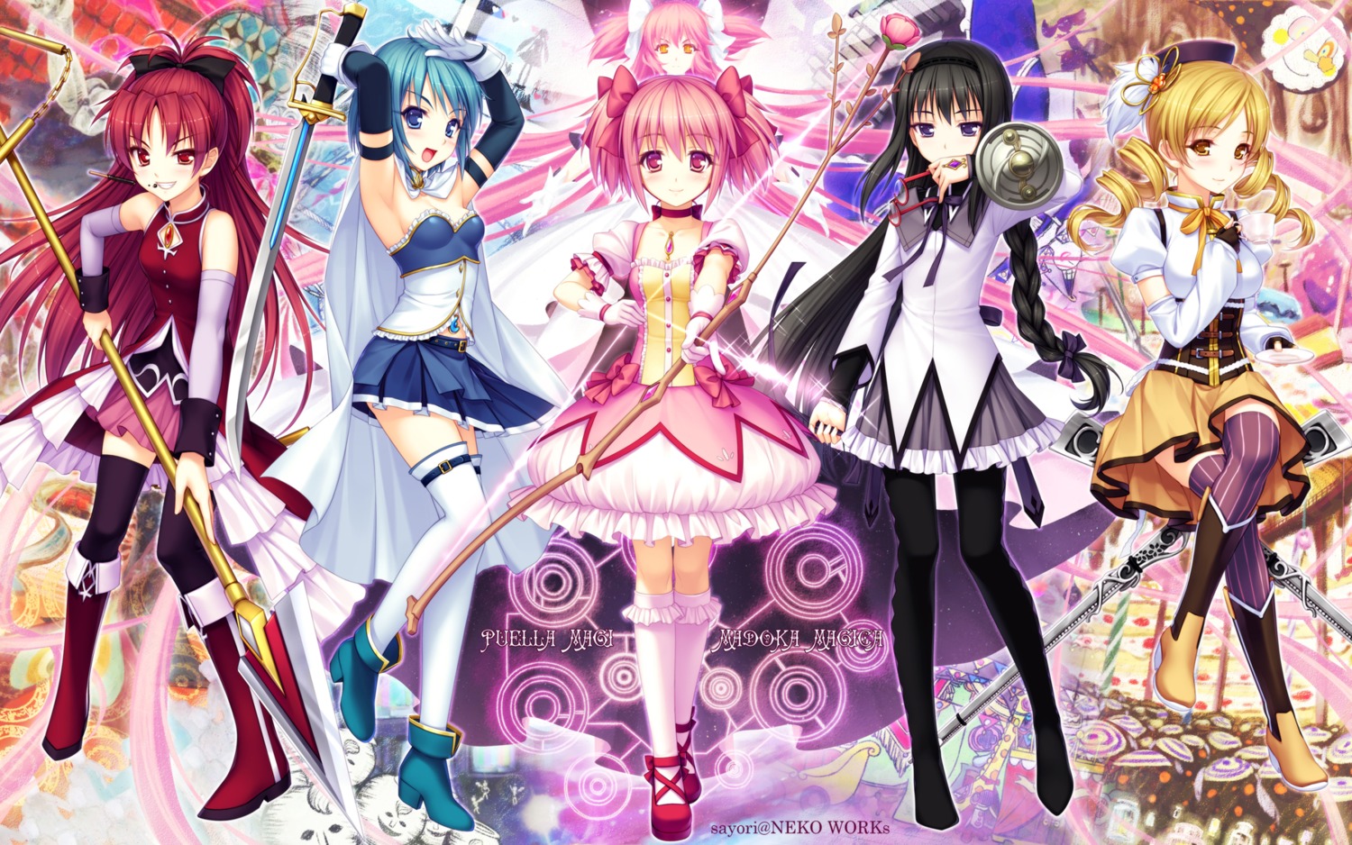 akemi_homura, charlotte_(madomagi), gun, kaname_madoka, mahou_shoujo_madoka_magica, miki_sayaka, oktavia_von_seckendorff, pantyhose