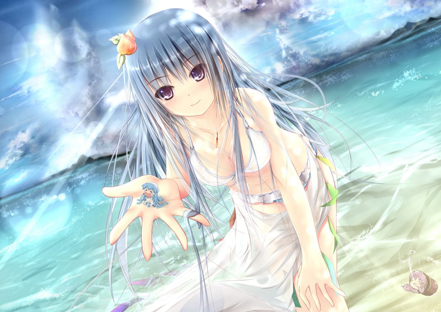 aliasing, bikini, cleavage, garyljq, hinanawi_tenshi, ikamusume, shinryaku!_ikamusume, swimsuits, takoluka, touhou, vocaloid
