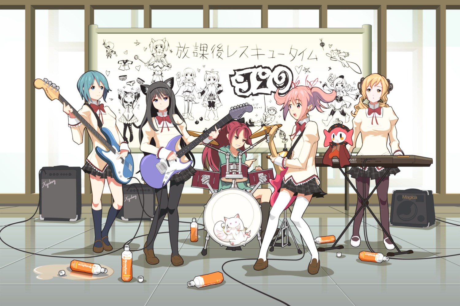 akemi_homura, animal_ears, charlotte_(madomagi), guitar, hy136, k-on!, kaname_madoka, kyubey, mahou_shoujo_madoka_magica, miki_sayaka, nekomimi, pantyhose, parody, sakura_kyouko, seifuku, thighhighs, tomoe_mami