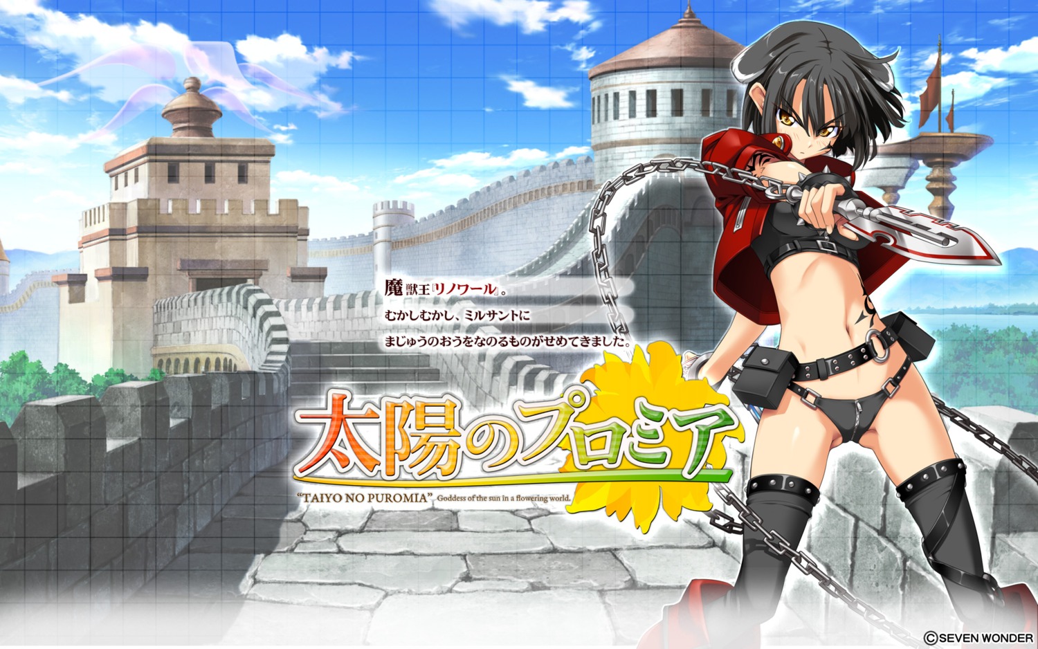 kawahara_makoto, seven_wonder, sword, taiyou_no_promia, thighhighs, wallpaper