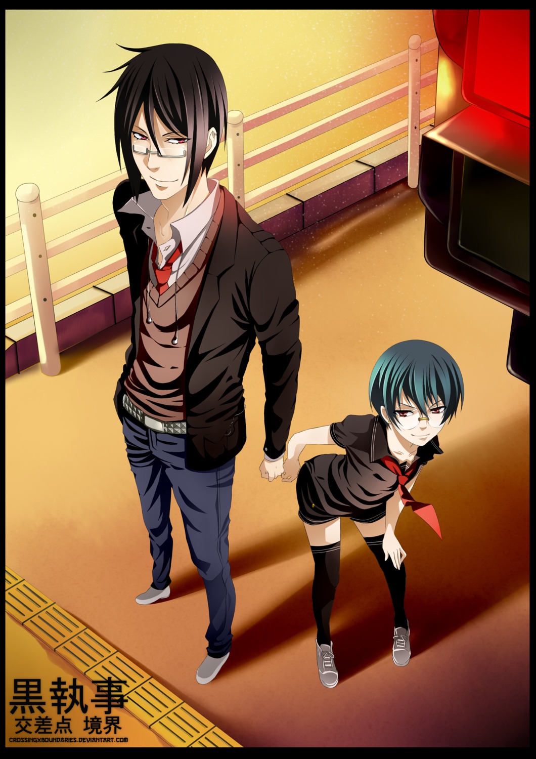 ciel_phantomhive, crossingxboundaries, kuroshitsuji, male, megane, sebastian_michaelis, thighhighs, watermark