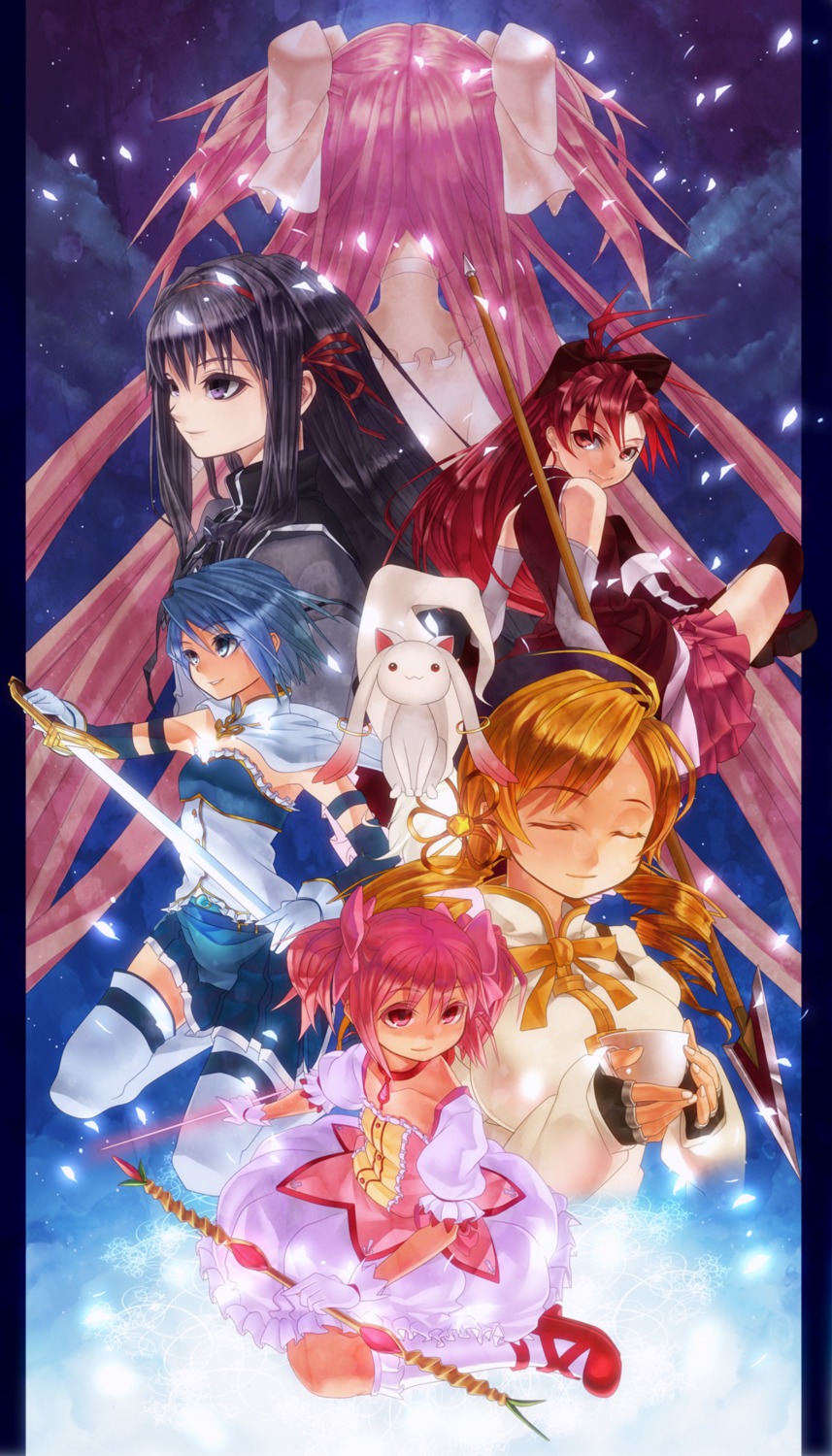 akemi_homura, junly, kaname_madoka, kyubey, mahou_shoujo_madoka_magica, miki_sayaka, sakura_kyouko, thighhighs