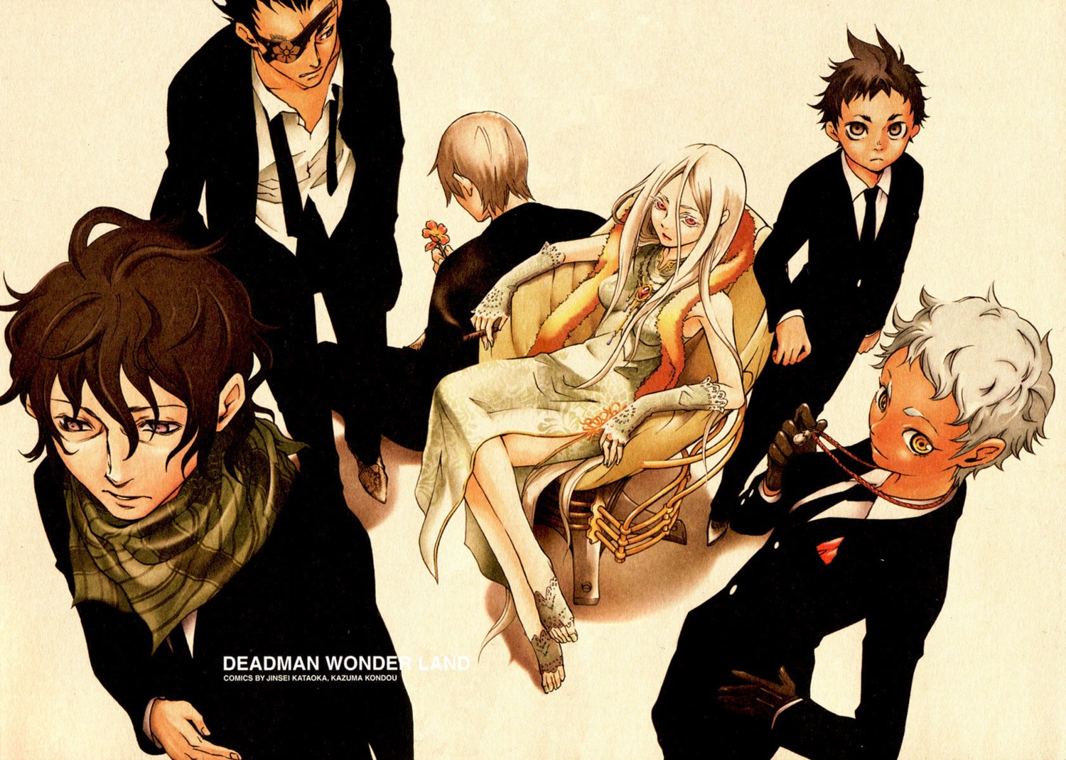 business_suit, deadman_wonderland, dress, eyepatch, igarashi_ganta, kengamine_nagi, kiyomasa_senji, kondou_kazuma, koshio_karako, shiro_(deadman_wonderland), takami_you