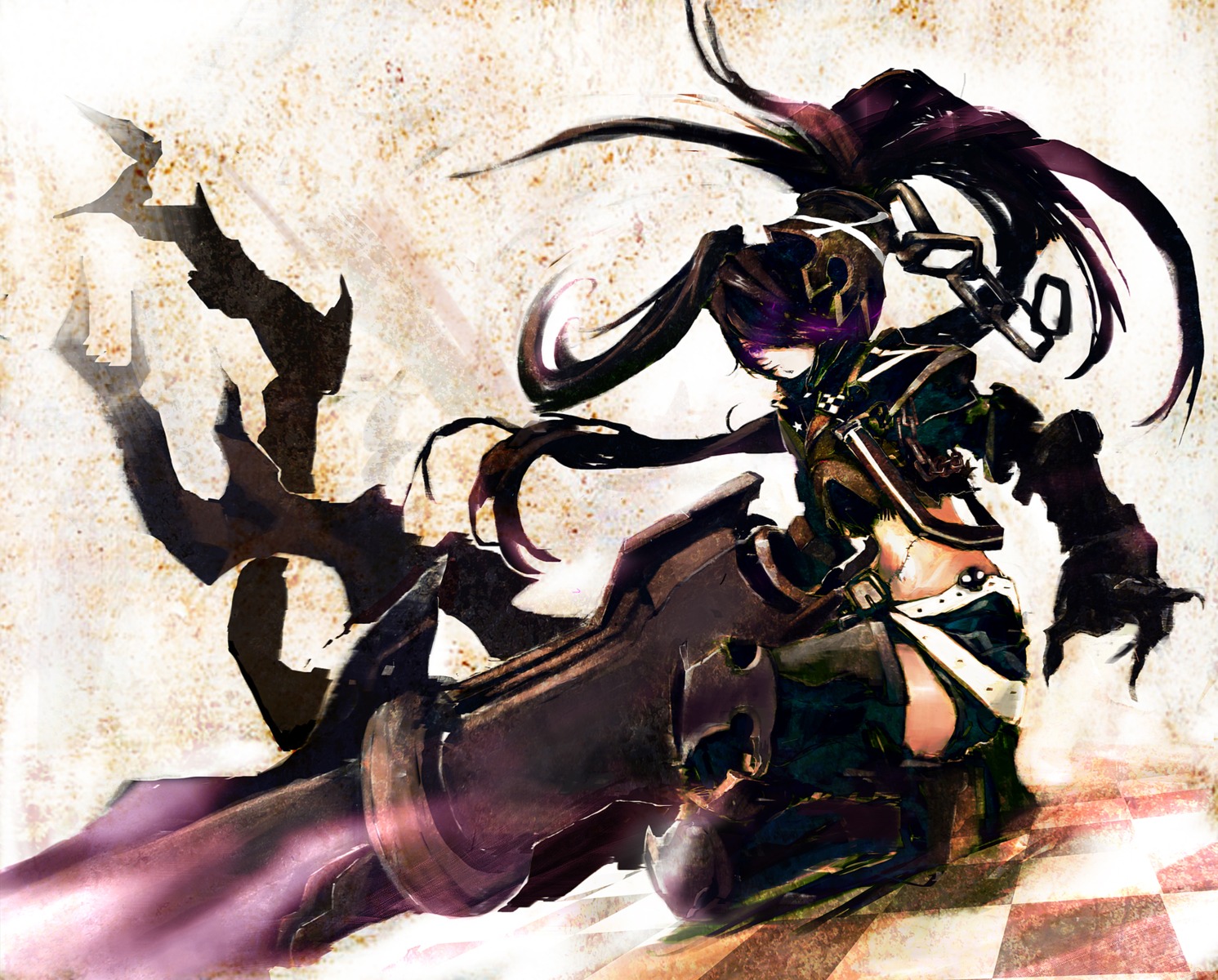 armor, black_rock_shooter, black_rock_shooter_(character), insane_black_rock_shooter, monochrome, so-bin, sword, vocaloid