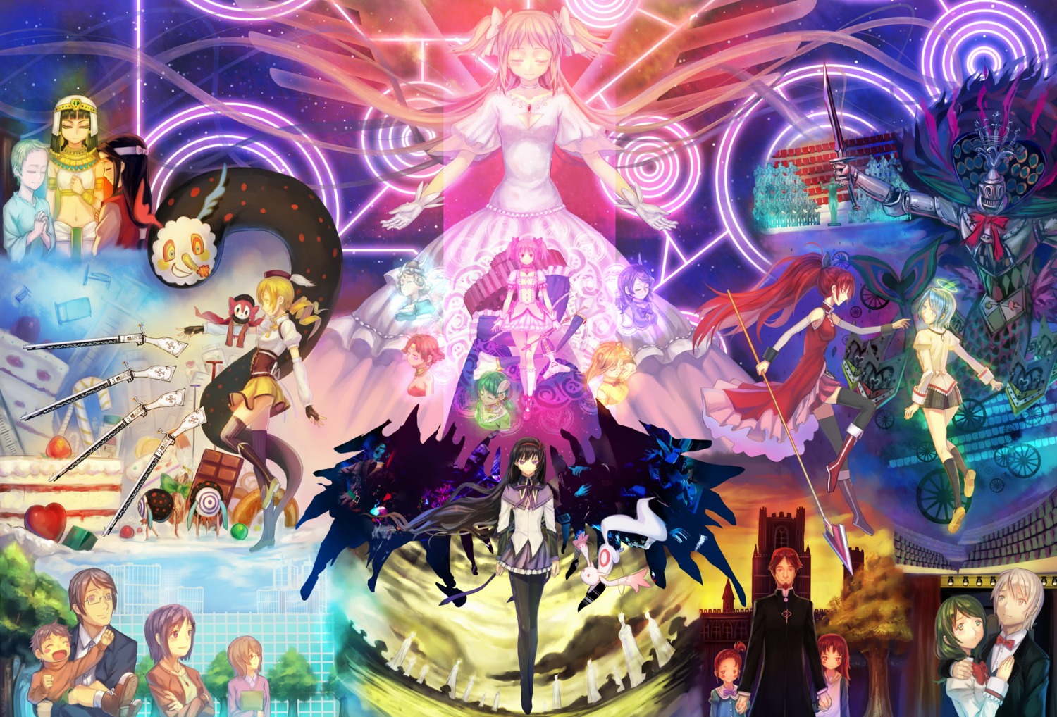 akemi_homura, charlotte_(madomagi), gun, kamijo_kyosuke, kaname_junko, kaname_madoka, kaname_tatsuya, kaname_tomohisa, kyubey, mahou_shoujo_madoka_magica, miki_sayaka, oktavia_von_seckendorff, pantyhose, ryuuzaki_itsu, sakura_kyouko, saotome_kazuko, shizuki_hitomi, thighhighs, tomoe_mami, ultimate_madoka, walpurgis_no_yoru, weapon, wings