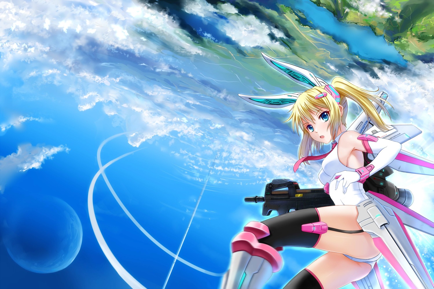 animal_ears, bodysuit, bunny_ears, gun, mecha_musume, stockings, thighhighs, windtalker