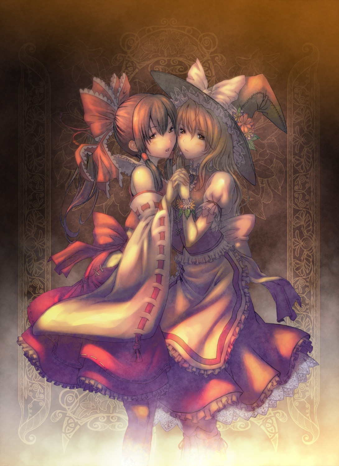 hakurei_reimu, kirisame_marisa, shiroi_karasu, symmetrical_docking, touhou, witch