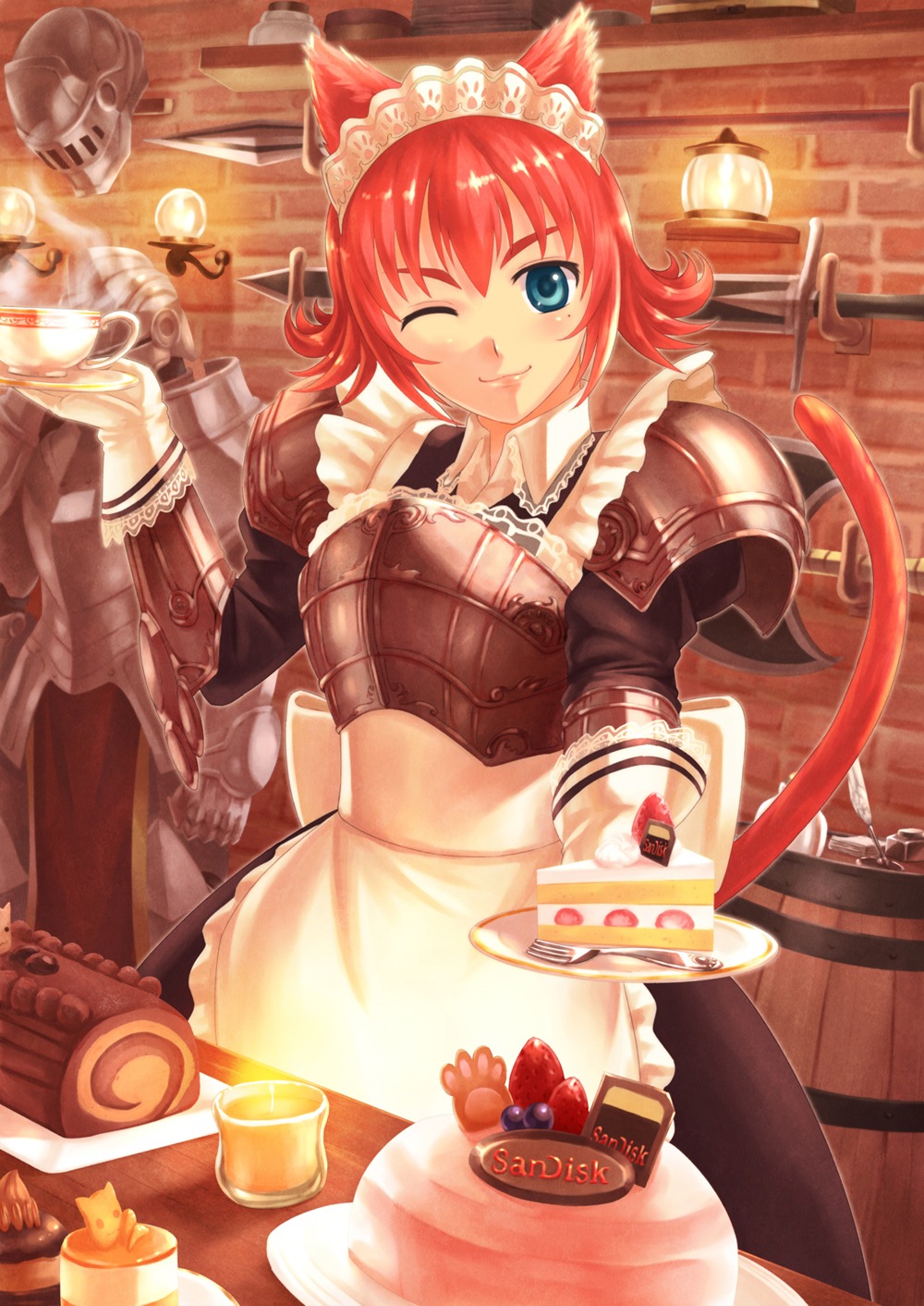 animal_ears, armor, maid, nekomimi, shingo_(picturepuzzle), tail