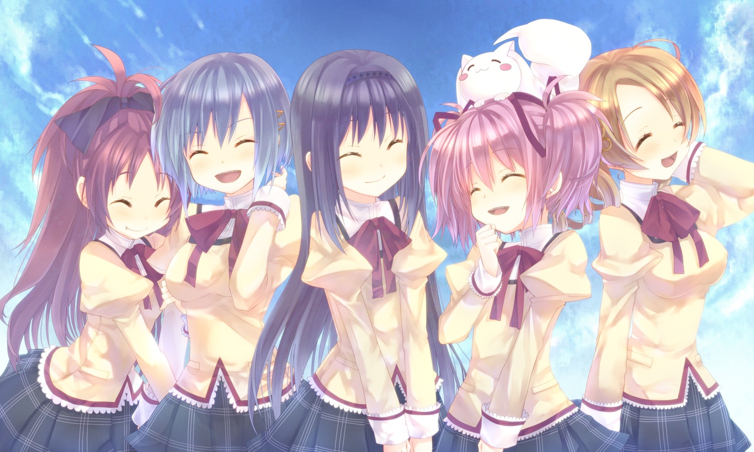 akemi_homura, kaname_madoka, kyubey, mahou_shoujo_madoka_magica, miki_sayaka, sakura_kyouko, seifuku, tahya