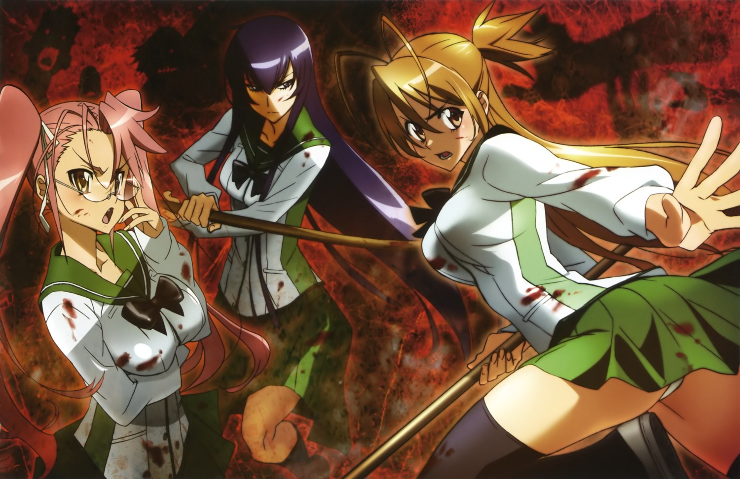 blood, breast_hold, busujima_saeko, highschool_of_the_dead, megane, miyamoto_rei, pantsu, seifuku