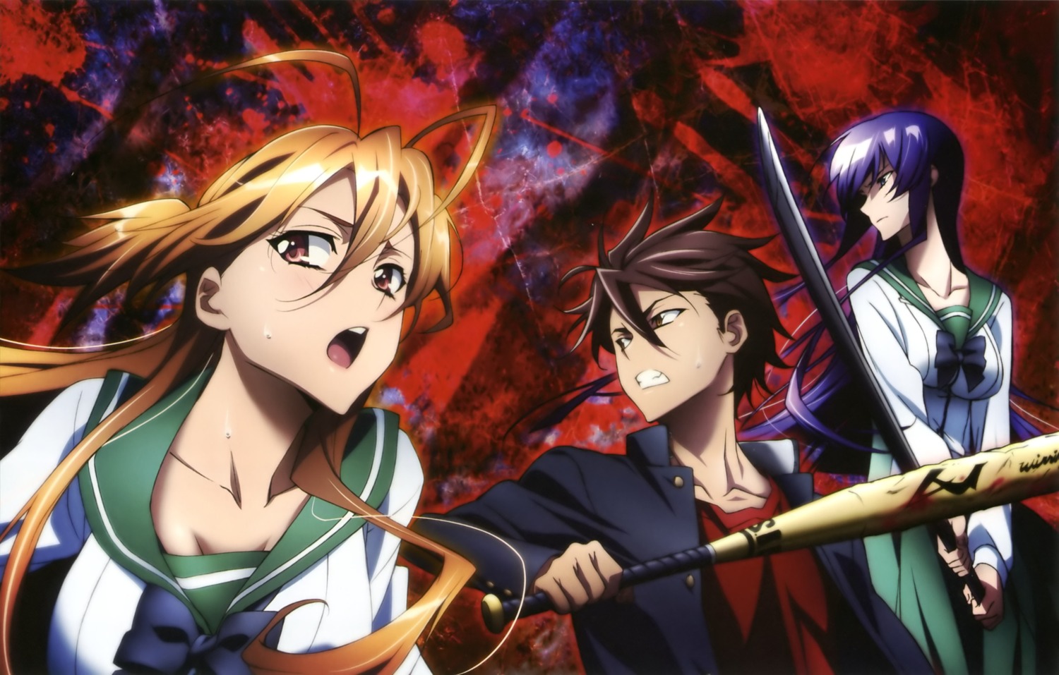 busujima_saeko, highschool_of_the_dead, komuro_takashi, miyamoto_rei, ochiai_hitomi, seifuku, sword
