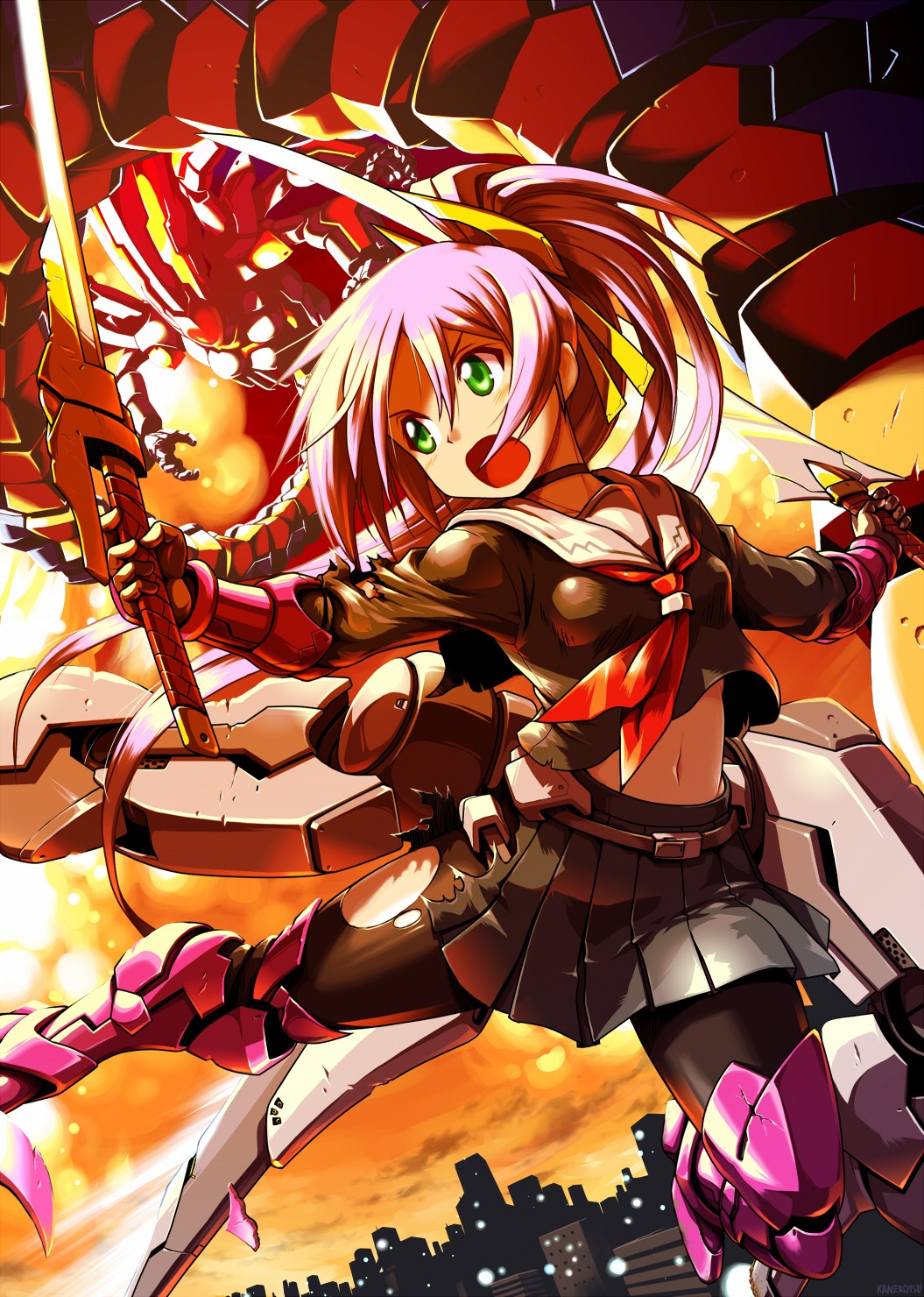 kanekotsu, mecha_musume, pantyhose, seifuku, sword, torn_clothes