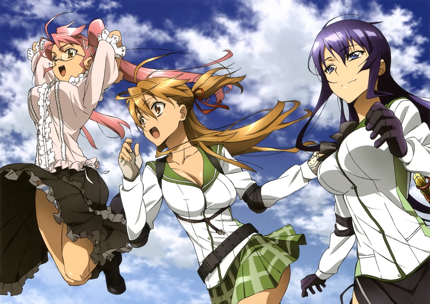 busujima_saeko, cleavage, highschool_of_the_dead, megane, miyamoto_rei, pantsu, seifuku, shimapan, takagi_saya
