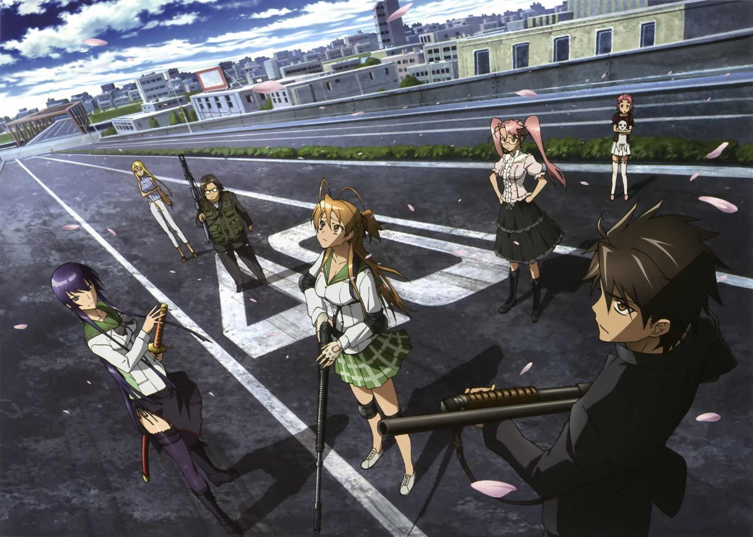 blood, busujima_saeko, gun, highschool_of_the_dead, hirano_kohta, komuro_takashi, maresato_alice, marikawa_shizuka