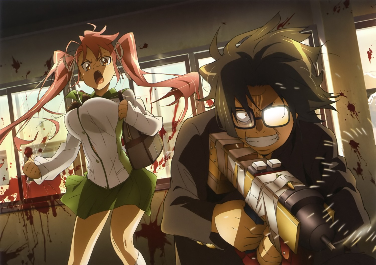 blood, highschool_of_the_dead, hirano_kohta, megane, seifuku, takagi_saya