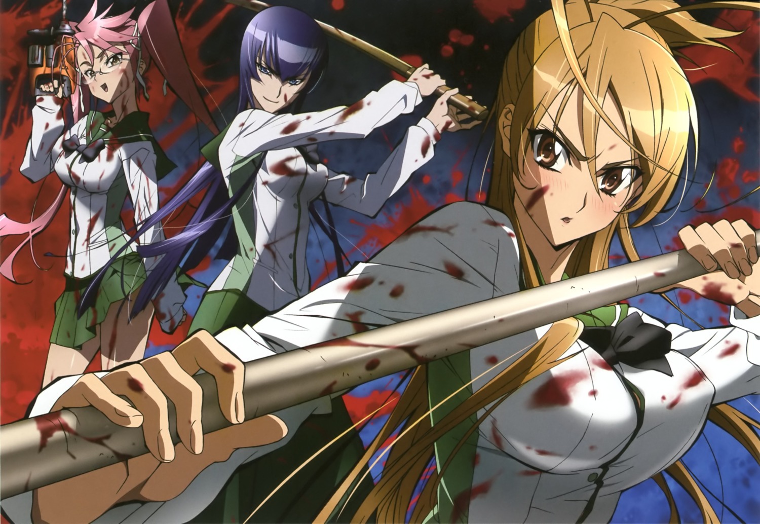 blood, busujima_saeko, highschool_of_the_dead, megane, miyamoto_rei, seifuku, takagi_saya