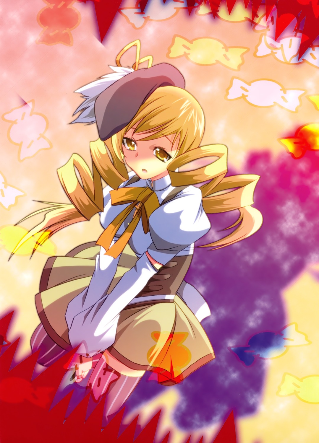 mahou_shoujo_madoka_magica, mahou_shoujo_oriko_magica, mura_chloe, thighhighs, tomoe_mami