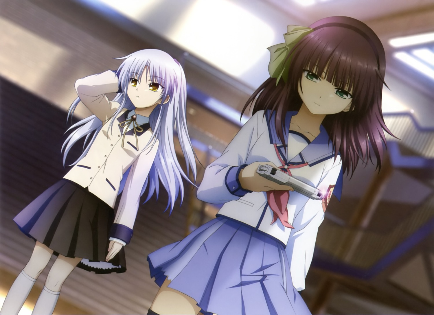 angel_beats!, gun, nakamura_yuri, seifuku, suzuki_misaki, tachibana_kanade