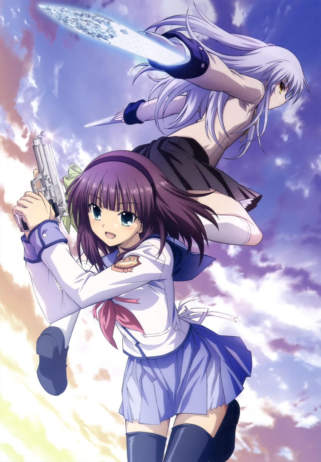 angel_beats!, gun, hirata_katsuzou, nakamura_yuri, seifuku, tachibana_kanade, thighhighs