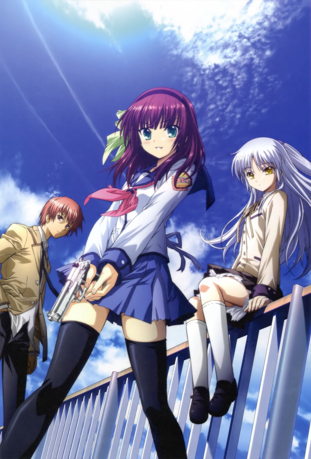 angel_beats!, gun, hirata_katsuzou, nakamura_yuri, otonashi_yuzuru, paper_texture, seifuku, tachibana_kanade, thighhighs