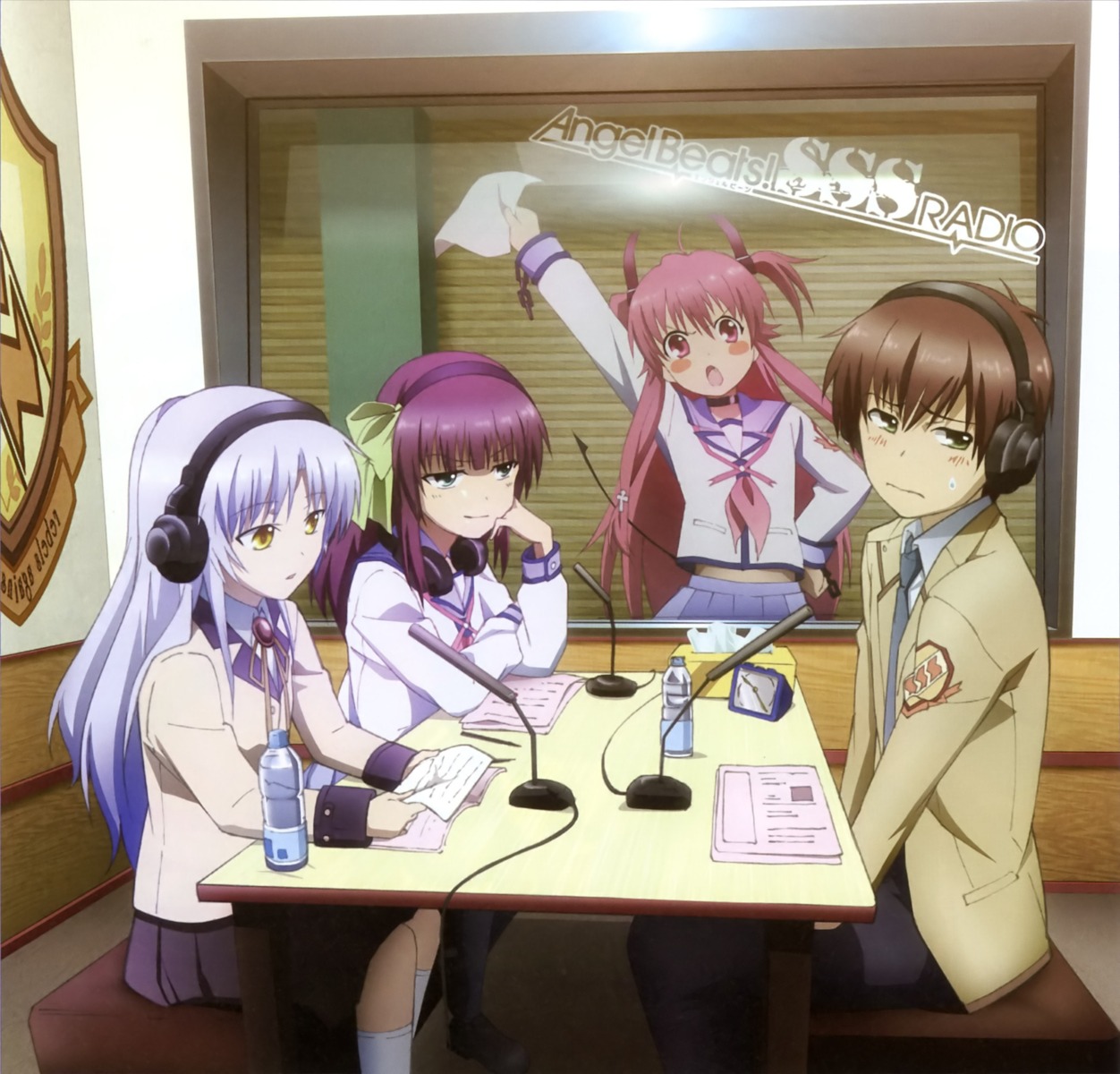 angel_beats!, headphones, nakamura_yuri, ooyama, paper_texture, seifuku, tachibana_kanade, yoshioka_yui