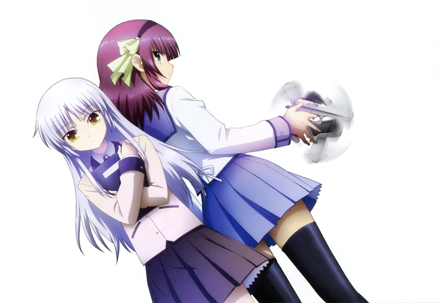 angel_beats!, gun, nakamura_yuri, seifuku, suzuki_misaki, tachibana_kanade, thighhighs