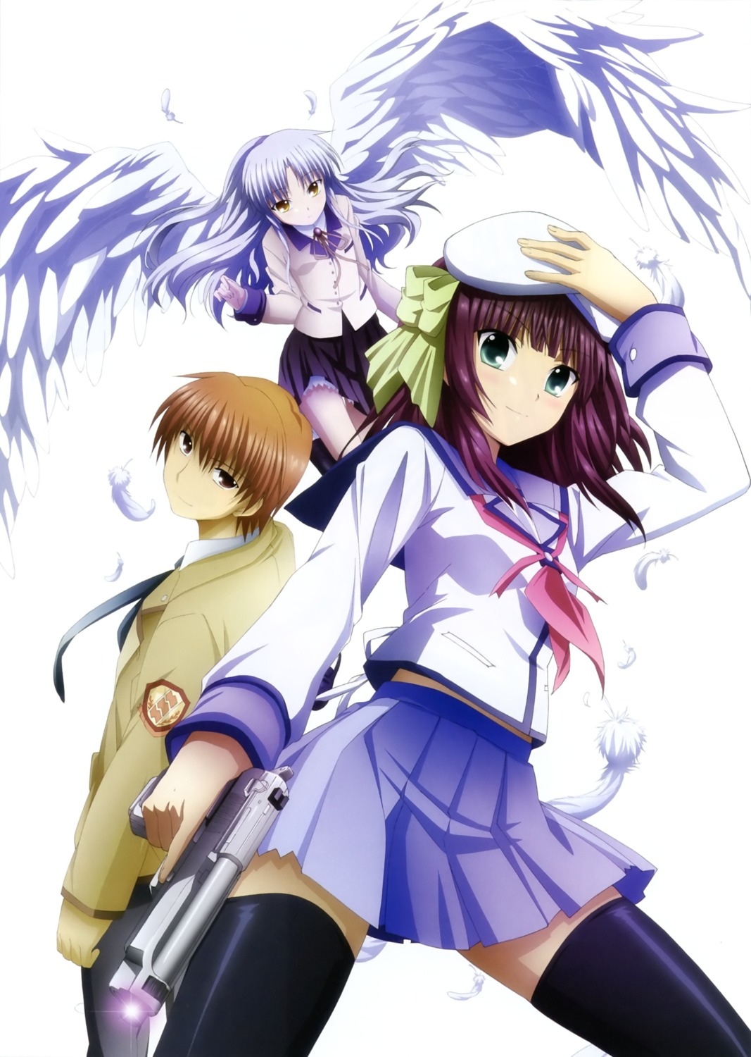 angel_beats!, gun, nakamura_yuri, otonashi_yuzuru, seifuku, tachibana_kanade, thighhighs, wings